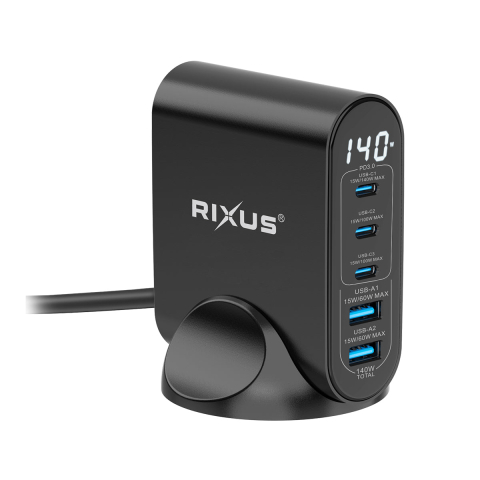 Incarcator retea Rixus 140W GaN cu display digital USB-C + USB-A negru, RX140 [1]