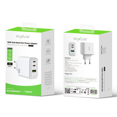 Incarcator retea Rixus 65W GaN USB-C + USB-A multi port alb (RXHC67) [3]