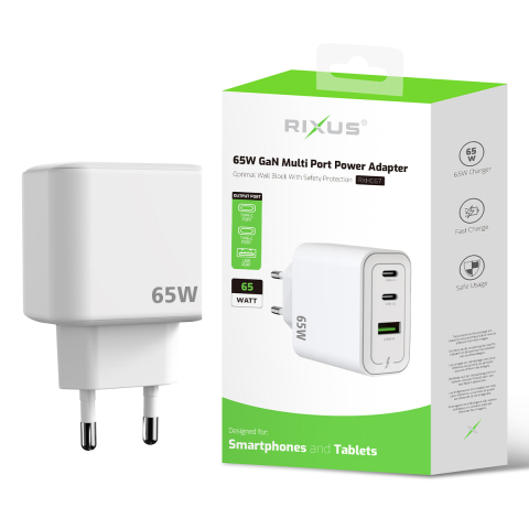 Incarcator retea Rixus 65W GaN USB-C + USB-A multi port alb (RXHC67) [4]
