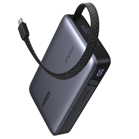 Baterie externa - Power Bank UGREEN PB550 20000mAh, 67W, Cablu USB-C Integrat, Display Digital, Gri