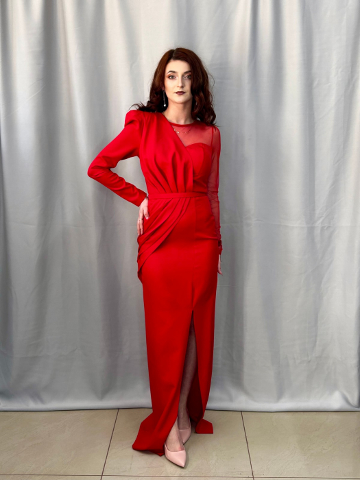 Rochie lunga rosie  umăr stâng din tiul [4]