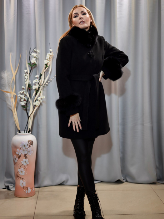 Palton Cașmir Negru Blană Naturală [3]