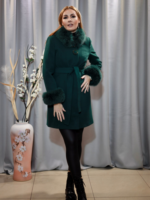 Palton Cașmir Verde Smarald Blană Naturală [3]