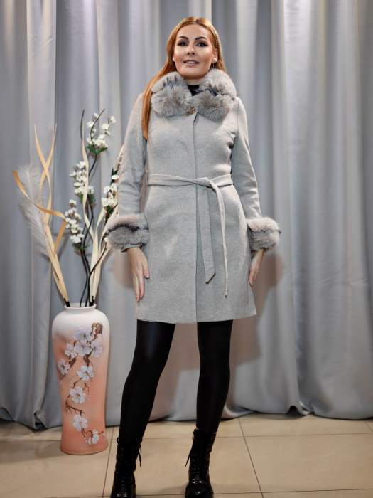 Palton Lână Bej cu Blană Spicată [4]