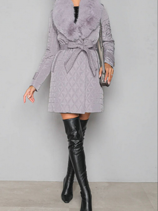 Palton sScurt Gri din Fâș Inserții Stofă [3]