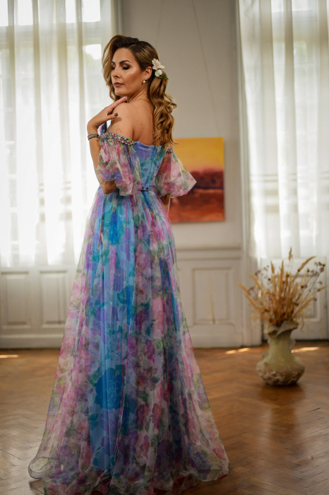 Rochie elegantă tull multicoloră lungă cu ștrasuri pe umăr [3]