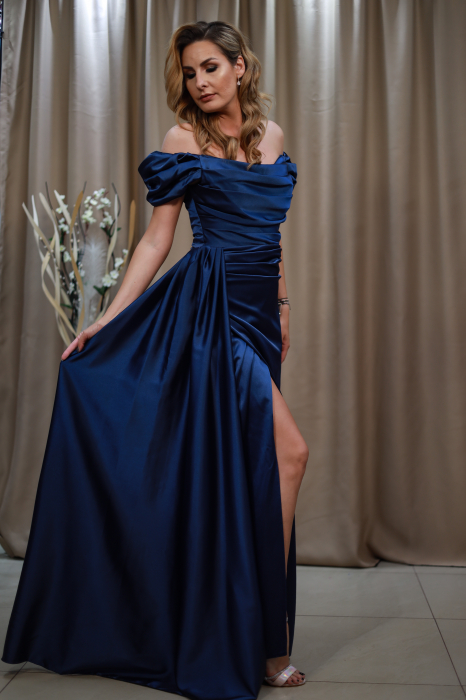 Rochie lungă elegantă bleumarin umeri ușor bufanți [3]