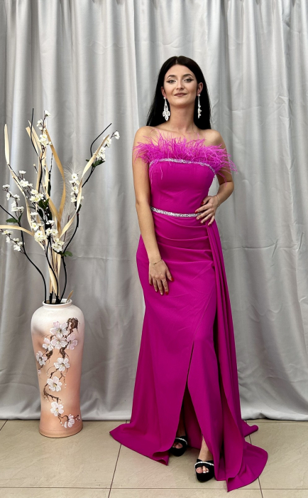Rochie Elegantă Lungă Fucsia cu Pene [2]