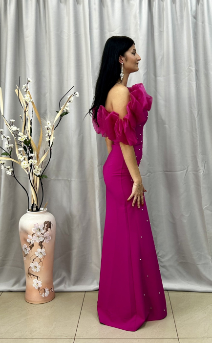 Rochie Elegantă Lungă Fucsia  cu Umeri din Voal Perlată [3]
