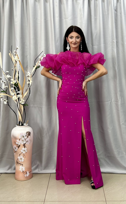 Rochie Elegantă Lungă Fucsia  cu Umeri din Voal Perlată [2]