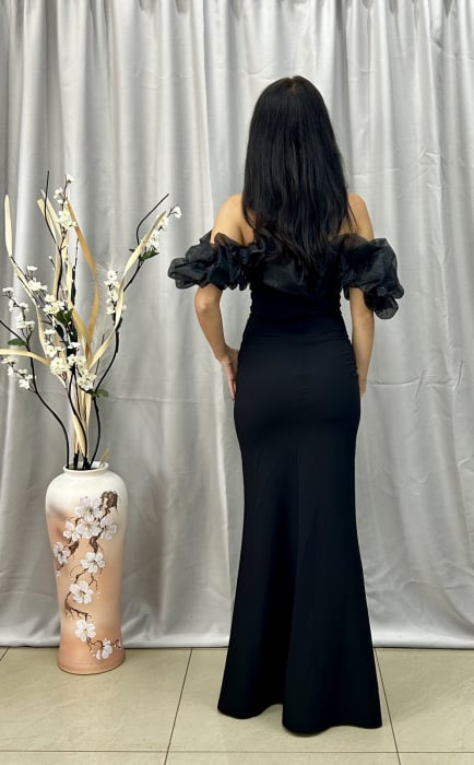 Rochie Elegantă Lungă Negră cu Umeri din Voal Perlată [4]
