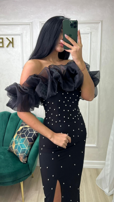 Rochie Elegantă Lungă Negră cu Umeri din Voal Perlată [5]