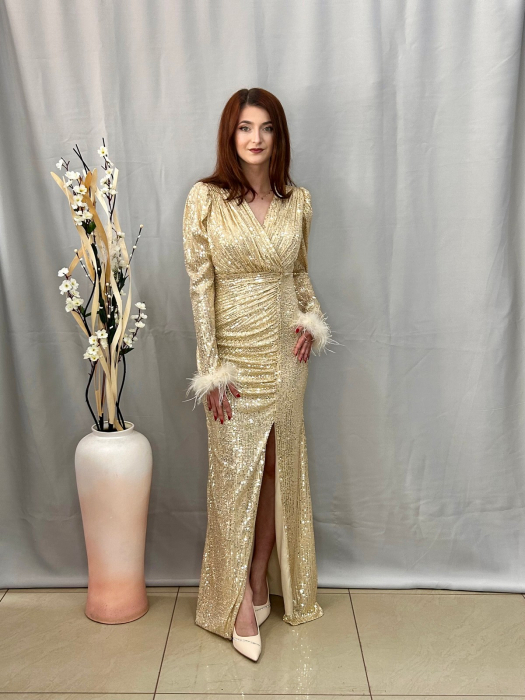 Rochie Elegantă Lungă Paietată Aurie [4]