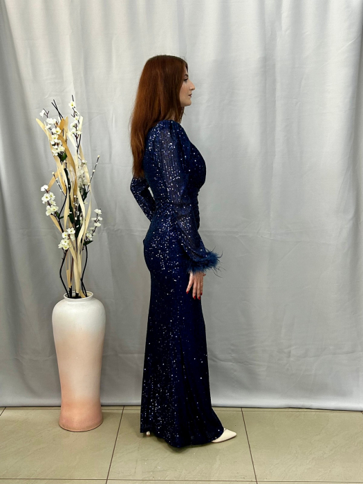 Rochie Elegantă Lungă Paietată Bleumarin [2]