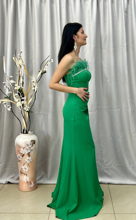 Rochie Elegantă Lungă Verde cu Pene [3]