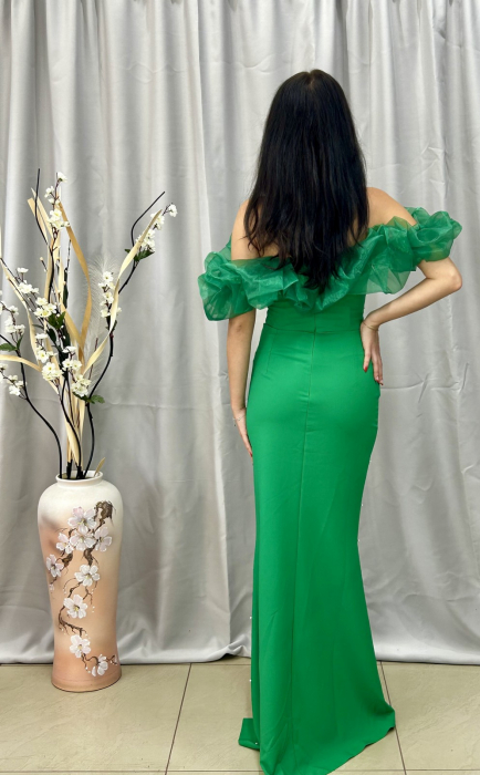 Rochie Elegantă Lungă Verde cu Umeri din Voal Perlată [3]