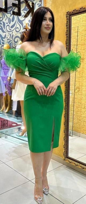 Rochie Elegantă Medie Verde cu Umeri din Voal [2]