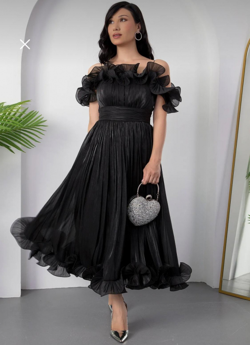 Rochie  Elegantă Neagră cu Volane și Umeri Goi [1]