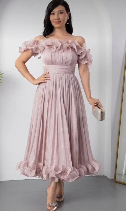 Rochie Elegantă Roz Pudrat cu Volane și Umeri GoI [1]