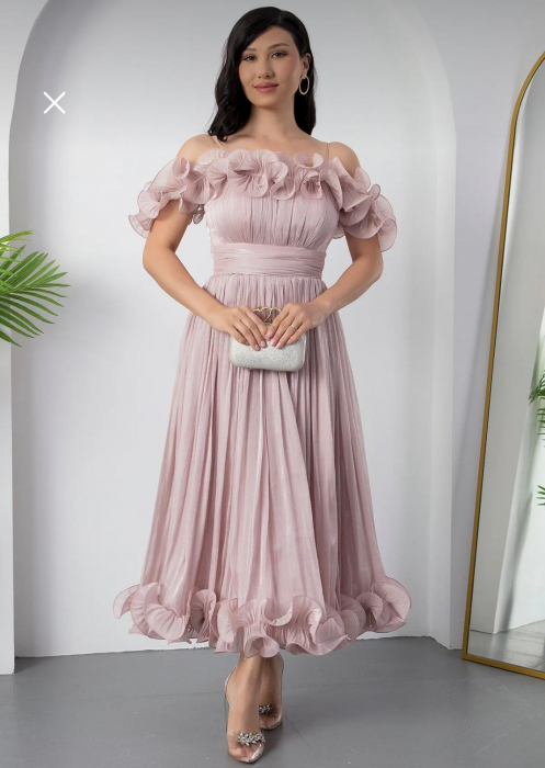 Rochie Elegantă Roz Pudrat cu Volane și Umeri GoI [2]