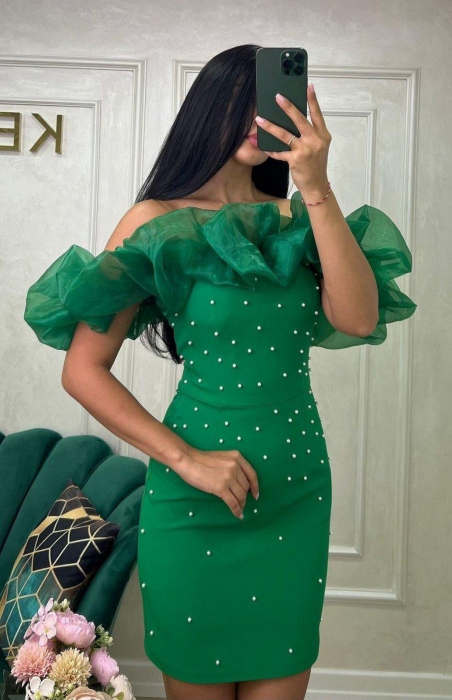 Rochie Elegantă Scurtă  Verde cu Umeri din Voal Perlată [5]