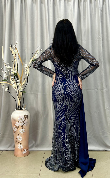 Rochie Lunga Elegantă Alastră cu Modele pe Mânecă [4]