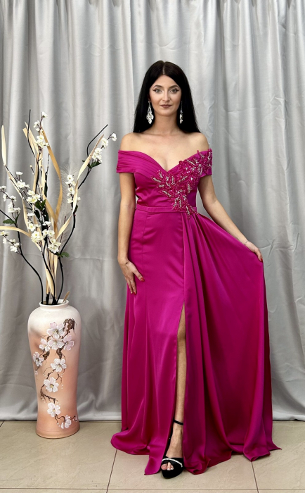 Rochie Elegantă Lungă Fucsia Decolteu V [3]