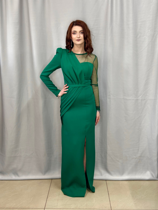 Rochie lunga verde  umăr stâng din tulle [4]