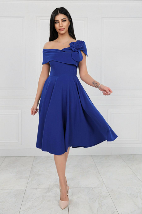 Rochie Midi Elegantă Cloș Albastă Decolteu Umeri [3]
