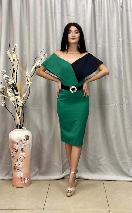 Rochie Elegantă Medie Verde cu Negru [3]