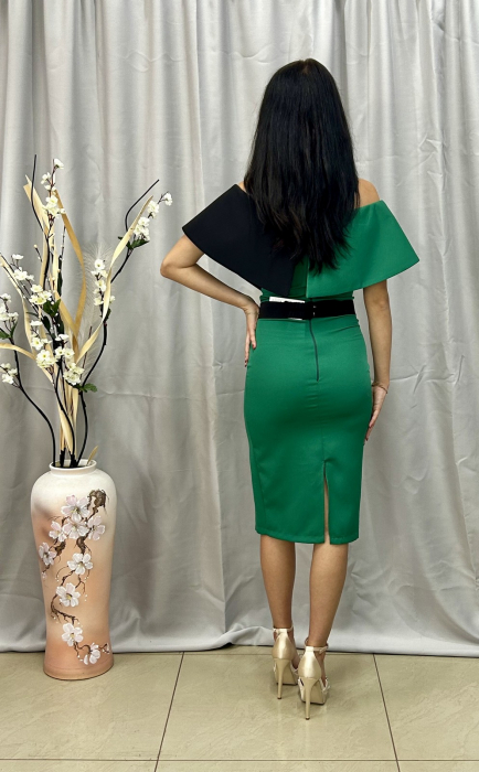 Rochie Elegantă Medie Verde cu Negru [4]