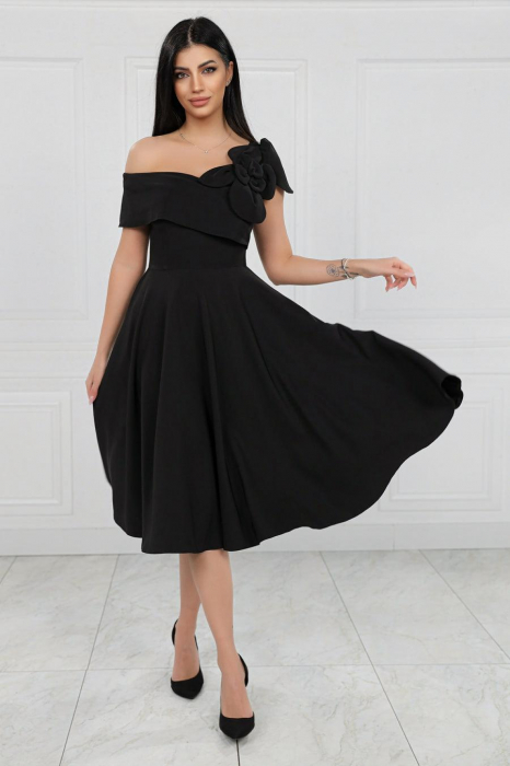 Rochie Midi Elegantă Cloș Negru Decolteu Umeri [6]