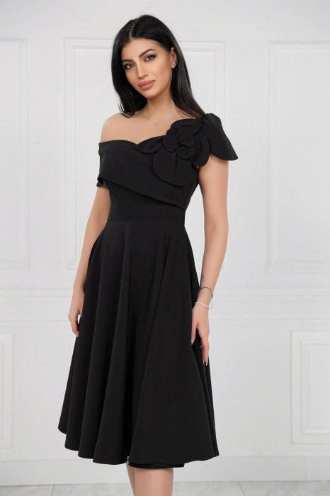 Rochie Midi Elegantă Cloș Negru Decolteu Umeri [5]