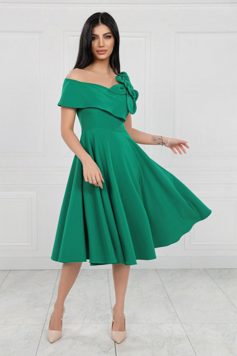 Rochie Midi Elegantă Cloș Verde Decolteu Umeri [4]