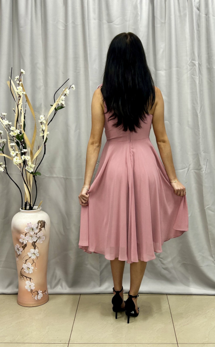 Rochie Elegantă Medie Cloș Roz Pudră [4]