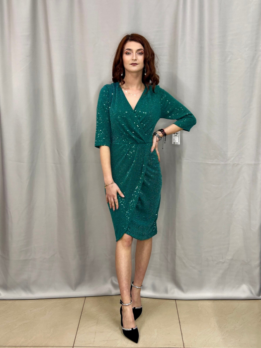 Rochie Verde Scurtă Elegantă Conică din Paiete cu Decolteu în V [2]