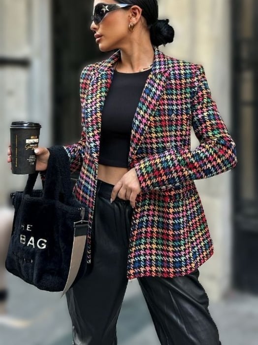 Sacou Tweed carouri multicolor cu nasturi [2]