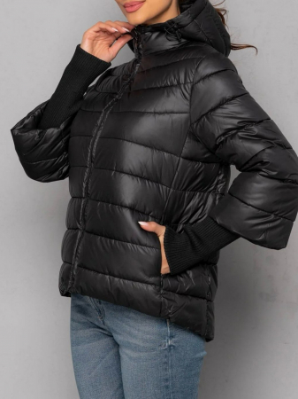 Geacă scurtă fîș negru cu glugă detașabilă [2]