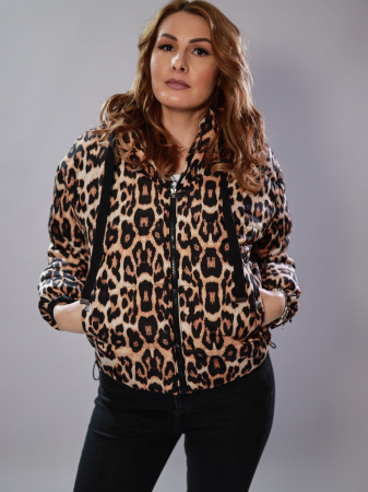 GECI - Geacă scurtă alb-maro animal print cu glugă