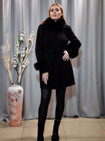 PALTOANE - Palton Cașmir Negru Blană Naturală