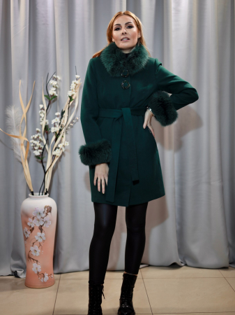 PALTOANE - Palton Cașmir Verde Smarald Blană Naturală