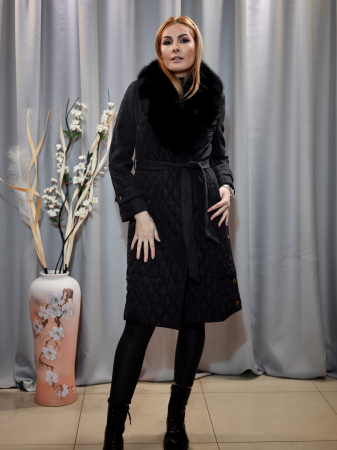 PALTOANE - Palton lung negru din fâș inserții stofă