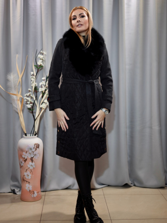 Palton lung negru din fâș inserții stofă [2]