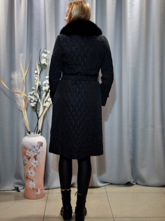 Palton lung negru din fâș inserții stofă [1]