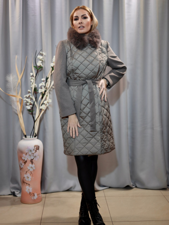 PALTOANE - Palton grej fâș, cașmir și blană naturală