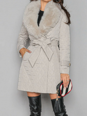 Palton Scurt Crem din Fâș Inserții Stofă [3]