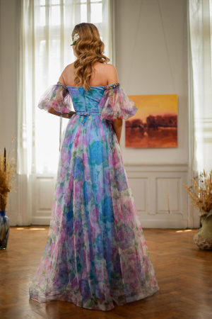 Rochie elegantă tull multicoloră lungă cu ștrasuri pe umăr [1]