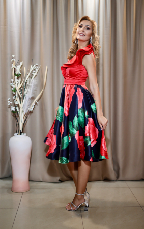 Rochie midi elegantă cloș roșu flori [2]