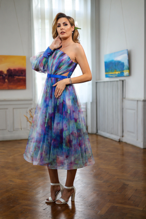 Rochie midi elegantă tull  albastră cu imprimeuri florale 3D urmăr drept [2]