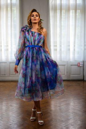 Rochii cu imprimeuri - Rochie midi elegantă tull  albastră cu imprimeuri florale 3D urmăr drept